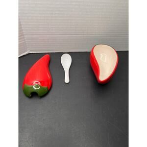 Red Chili Pepper Ceramic Salsa Sauce Dip Serving Dish with Lid & Spoon 7"